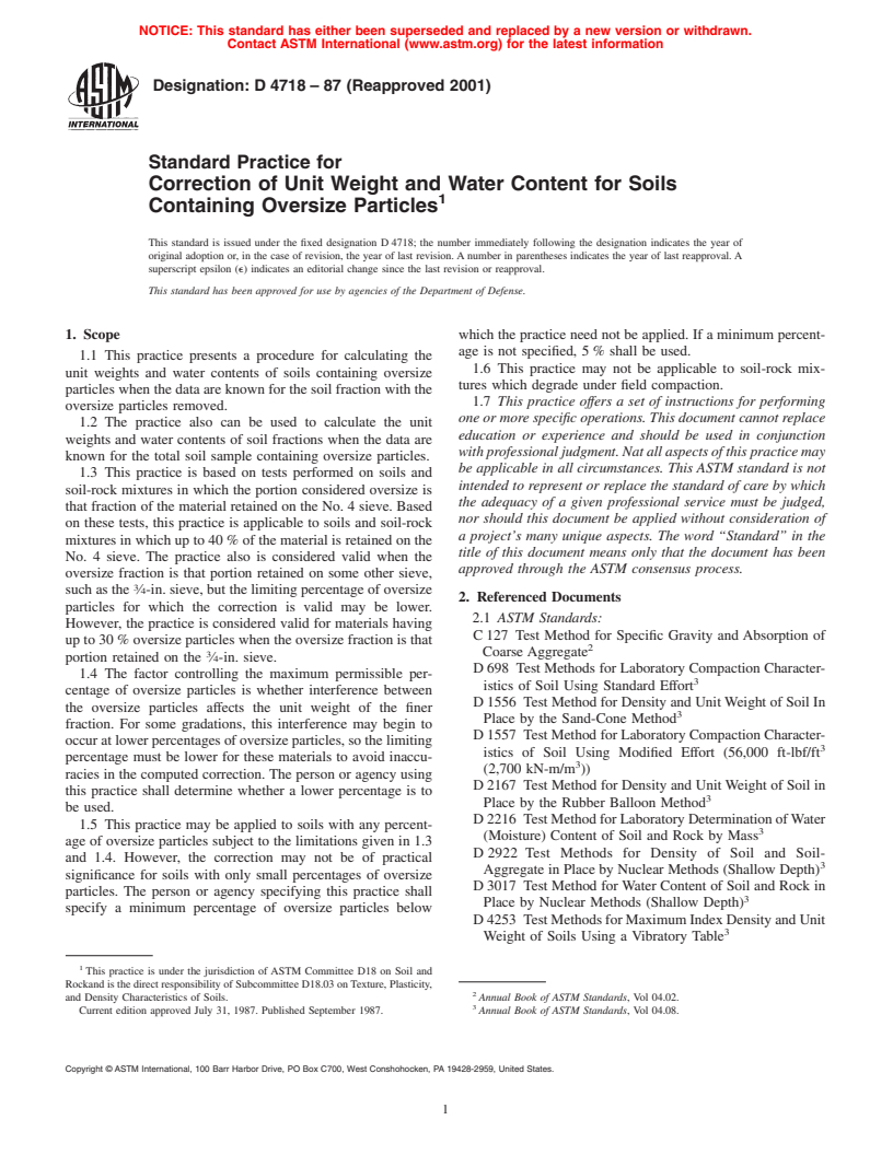 ASTM D4718-87(2001) - Standard Practice for Correction of Unit Weight and Water Content for Soils Containing Oversize Particles