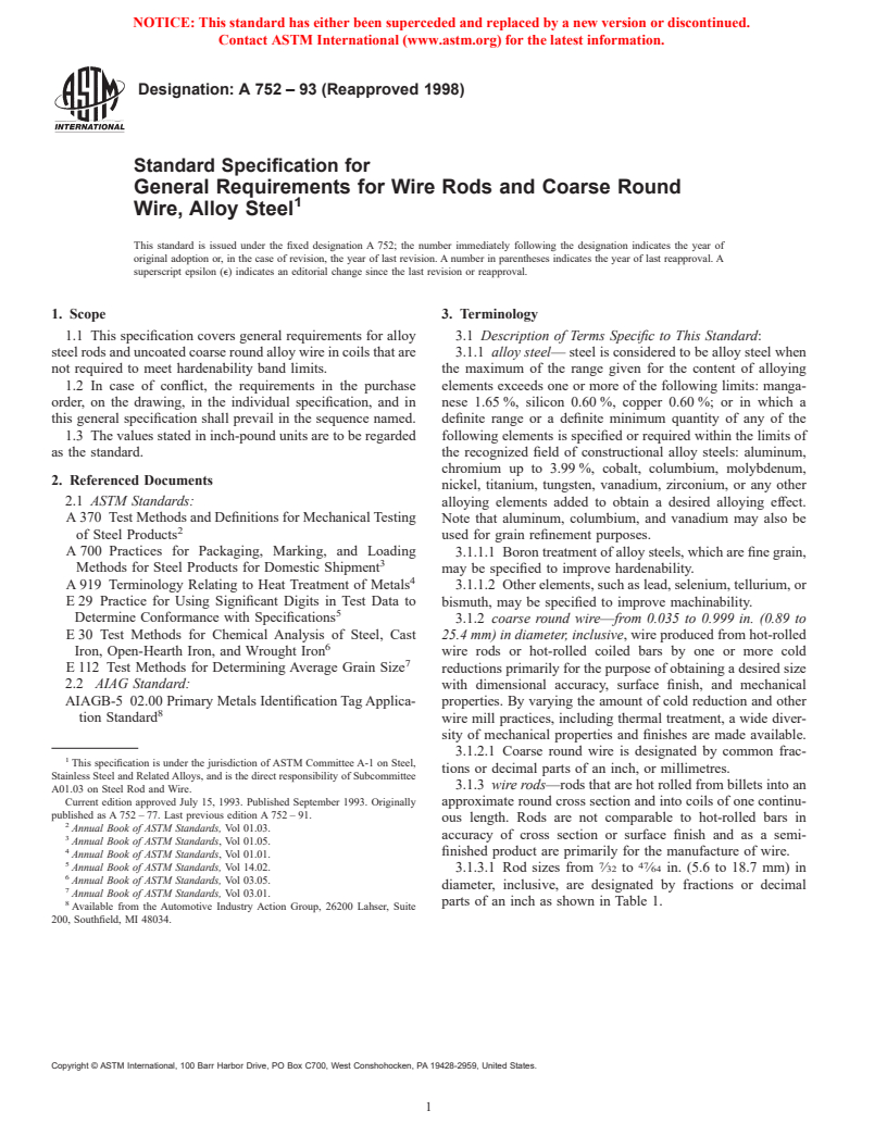 ASTM A752-93(1998) - Standard Specification for General Requirements for Wire Rods and Coarse Round Wire, Alloy Steel