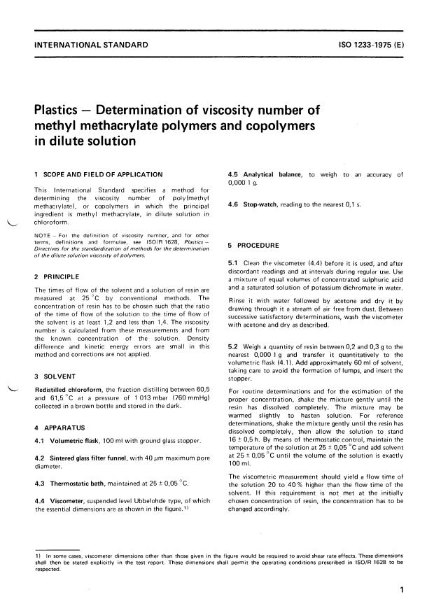ISO 1233:1975 ISO 1233:1975 - Plastics -- Determination of viscosity number of methyl methacrylate polymers and copolymers in dilute solution - Page 3 preview