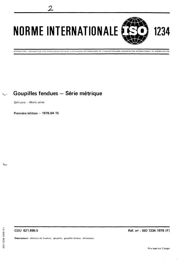 ISO 1234:1976 - Goupilles fendues -- Série métrique