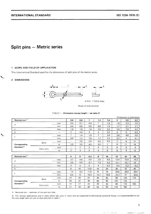 ISO 1234:1976 - Split pins -- Metric series