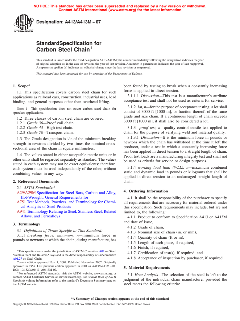 ASTM A413/A413M-07 - Standard Specification for  Carbon Steel Chain