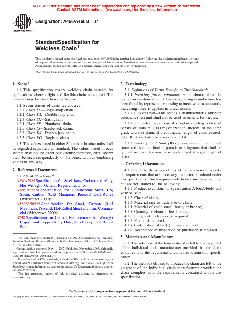 ASTM A466/A466M-07 - Standard Specification for Weldless Chain