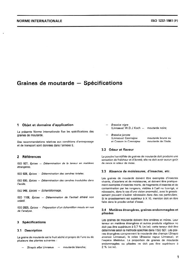 ISO 1237:1981 - Graines de moutarde -- Spécifications
