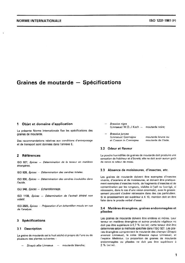 ISO 1237:1981 - Graines de moutarde -- Spécifications