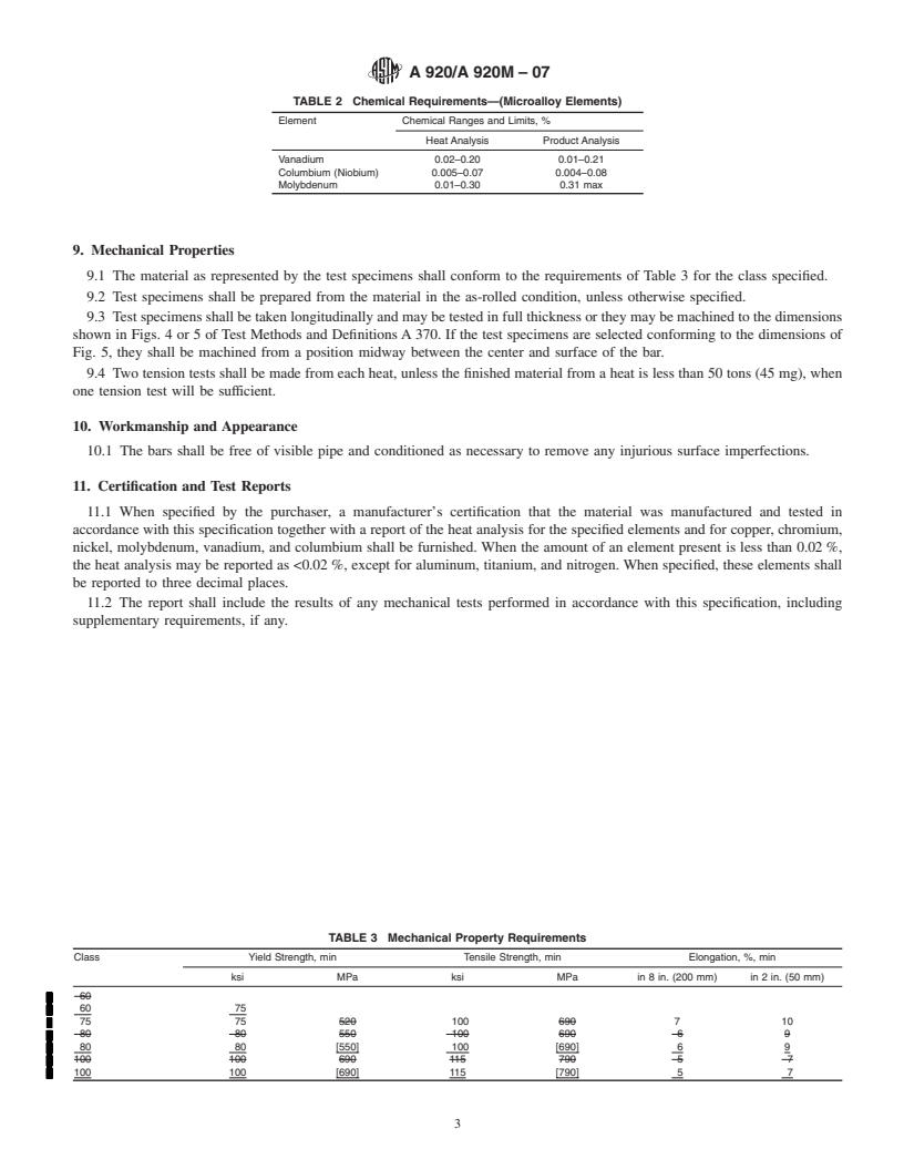 REDLINE ASTM A920/A920M-07 - Standard Specification for  Steel Bars, Microalloy, Hot-Wrought, Special Quality, Mechanical Properties