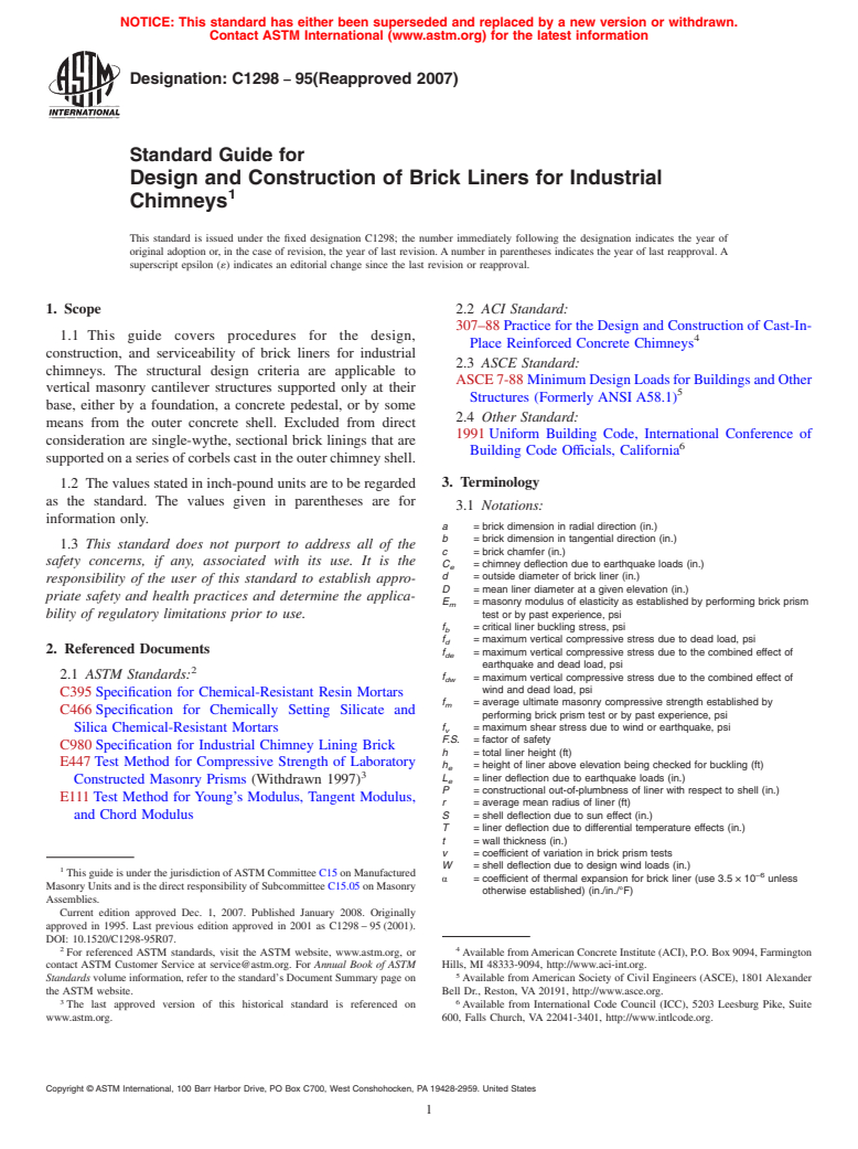 ASTM C1298-95(2007) - Standard Guide for  Design and Construction of Brick Liners for Industrial Chimneys