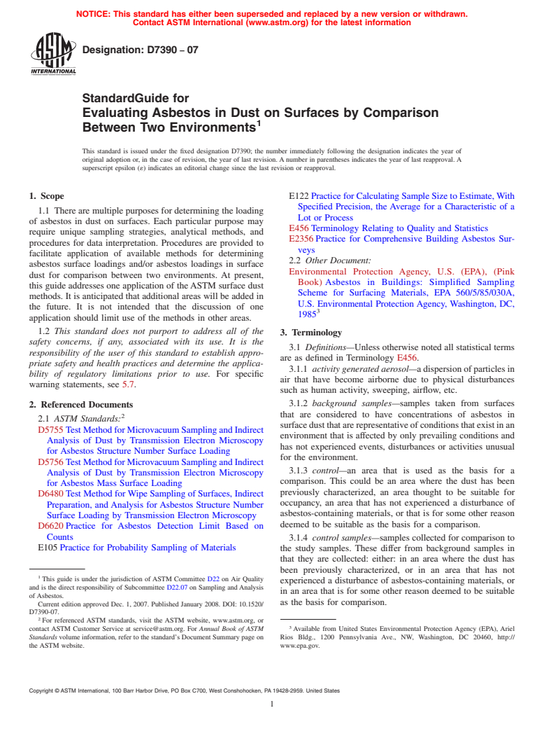 ASTM D7390-07 - Standard Guide for Evaluating Asbestos in Dust on Surfaces by Comparison Between Two Environments