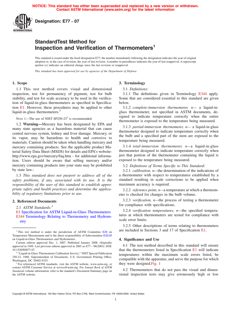 ASTM E77-07 - Standard Test Method for  Inspection and Verification of Thermometers