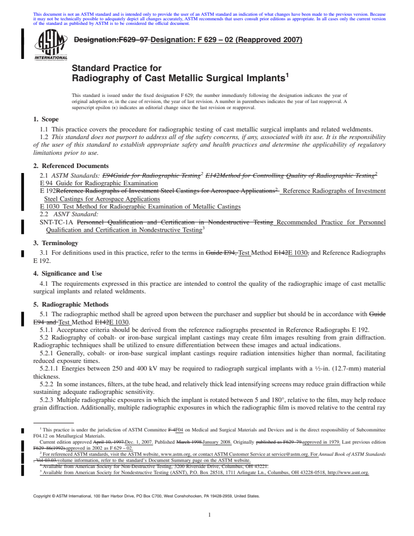 REDLINE ASTM F629-02(2007) - Standard Practice for  Radiography of Cast Metallic Surgical Implants