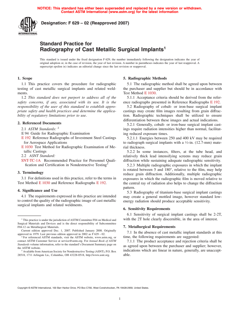 ASTM F629-02(2007) - Standard Practice for  Radiography of Cast Metallic Surgical Implants