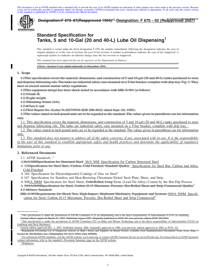 REDLINE ASTM F670-02(2007) - Standard Specification for  Tanks, 5 and 10-Gal (20 and 40-L) Lube Oil Dispensing