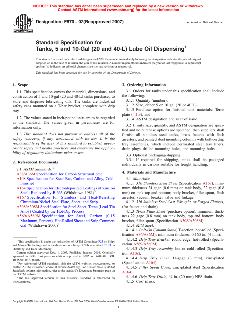 ASTM F670-02(2007) - Standard Specification for  Tanks, 5 and 10-Gal (20 and 40-L) Lube Oil Dispensing