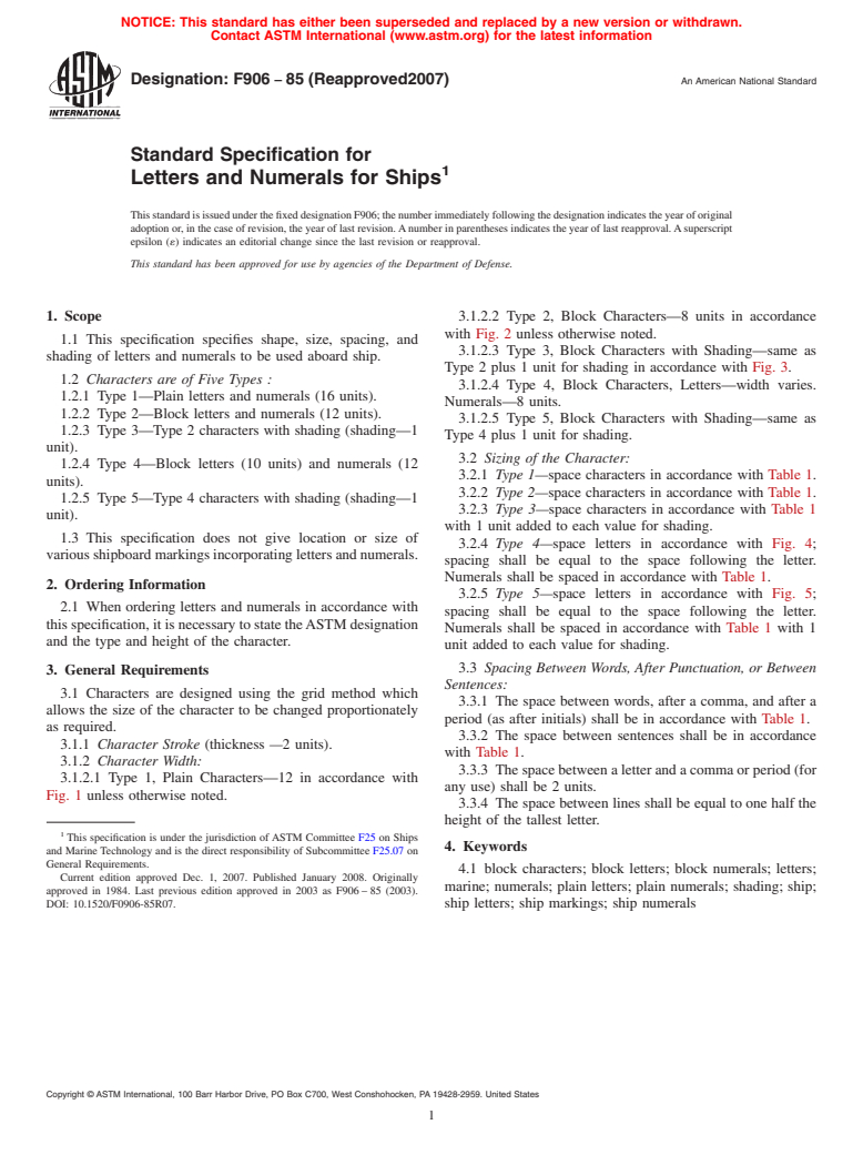 ASTM F906-85(2007) - Standard Specification for Letters and Numerals for Ships