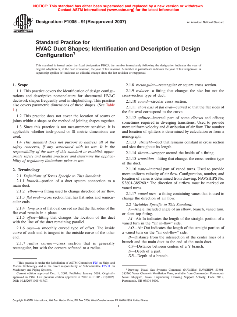 ASTM F1005-91(2007) - Standard Practice for  HVAC Duct Shapes; Identification and Description of Design Configuration