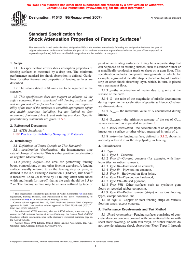 ASTM F1543-96(2007) - Standard Specification for  Shock Attenuation Properties of Fencing Surfaces (Withdrawn 2016)