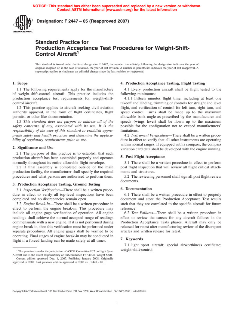 ASTM F2447-05(2007) - Standard Practice for Production Acceptance Test Procedures for Weight-Shift-Control Aircraft