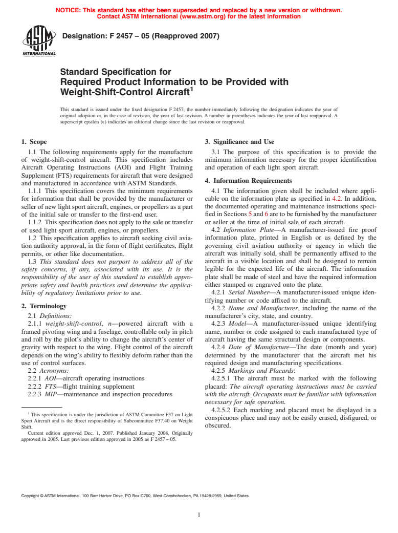 ASTM F2457-05(2007) - Standard Specification for Required Product Information to be Provided with Weight-Shift-Control Aircraft