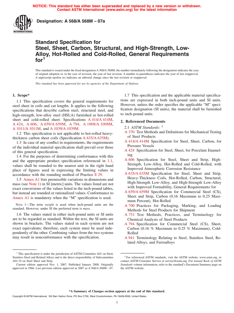 ASTM A568/A568M-07a - Standard Specification for  Steel, Sheet, Carbon, Structural, and High-Strength, Low-Alloy,  Hot-Rolled  and Cold-Rolled, General Requirements for