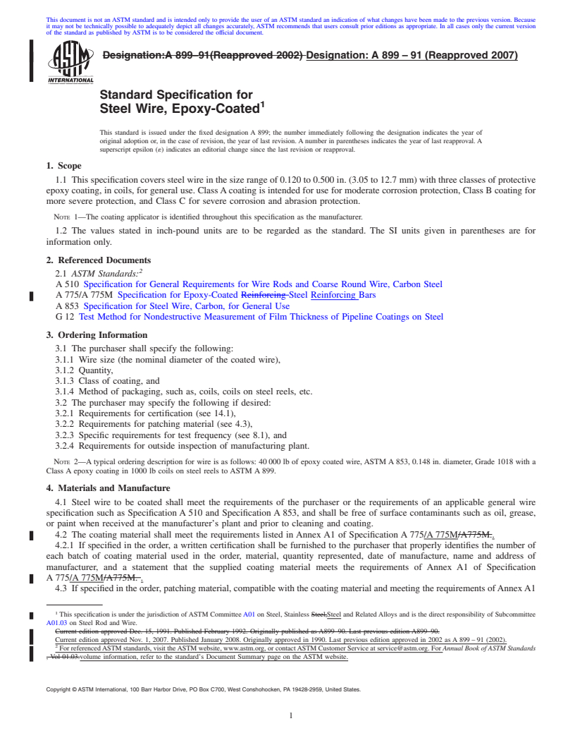 REDLINE ASTM A899-91(2007) - Standard Specification for Steel Wire, Epoxy-Coated