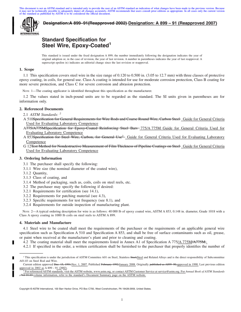 REDLINE ASTM A899-91(2007) - Standard Specification for Steel Wire, Epoxy-Coated