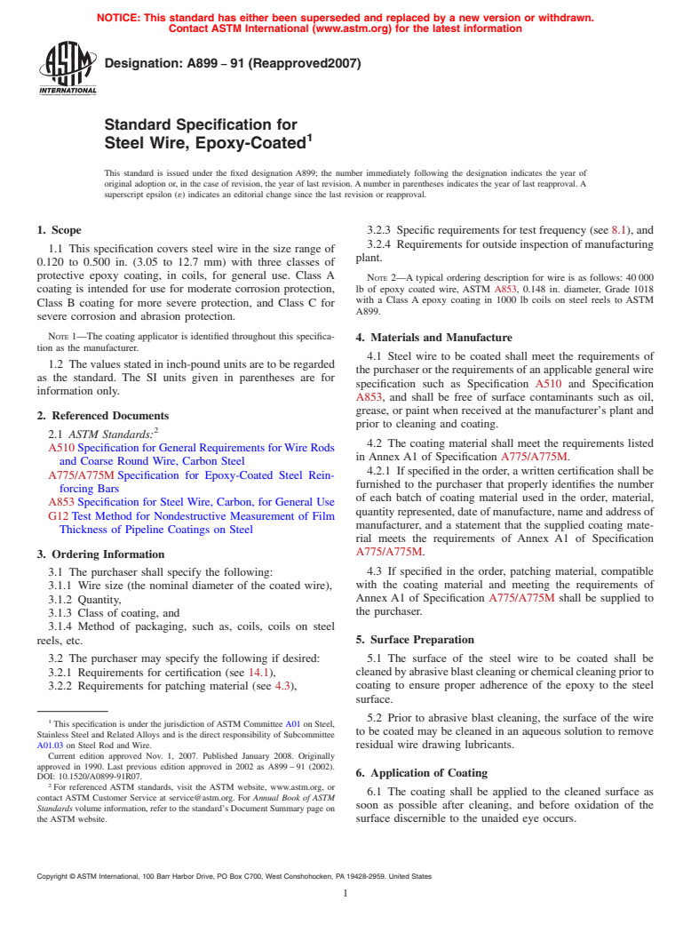 ASTM A899-91(2007) - Standard Specification for Steel Wire, Epoxy-Coated