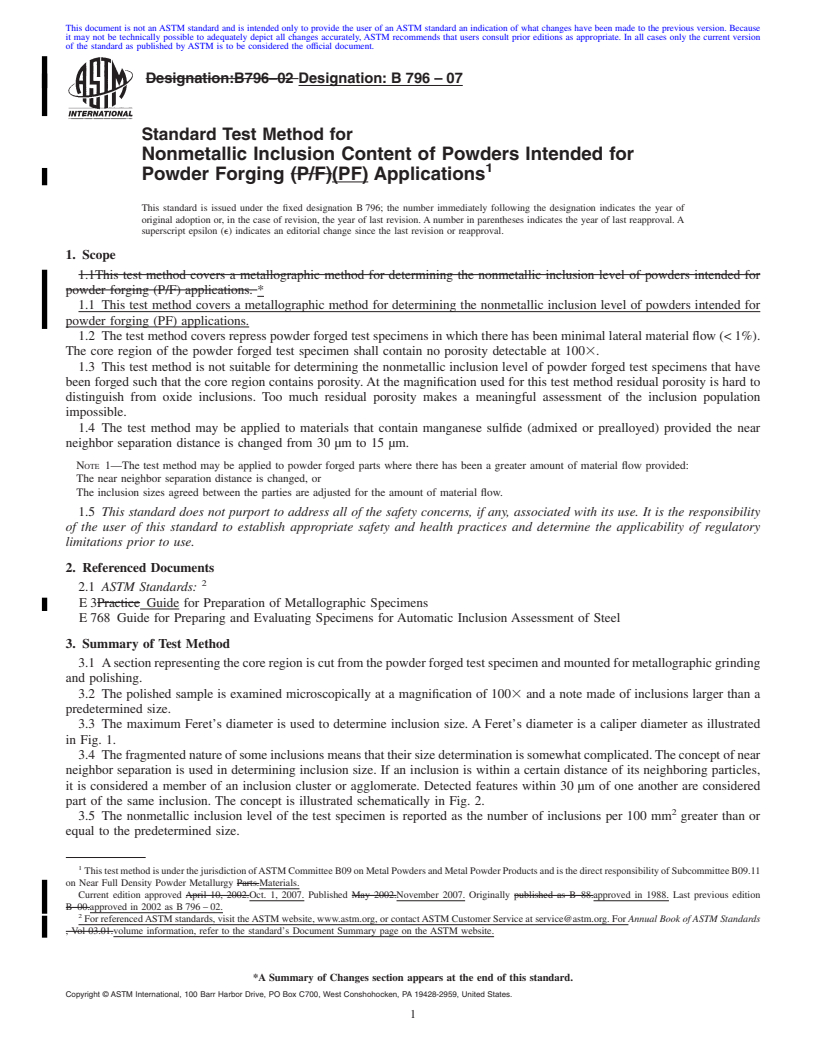 REDLINE ASTM B796-07 - Standard Test Method for Nonmetallic Inclusion Content of Powders Intended for Powder Forging (PF) Applications