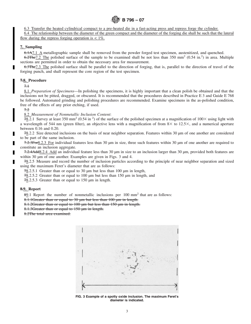 REDLINE ASTM B796-07 - Standard Test Method for Nonmetallic Inclusion Content of Powders Intended for Powder Forging (PF) Applications