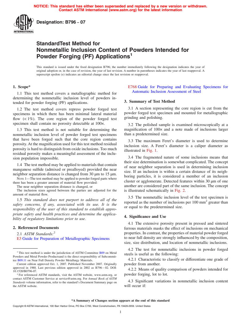 ASTM B796-07 - Standard Test Method for Nonmetallic Inclusion Content of Powders Intended for Powder Forging (PF) Applications