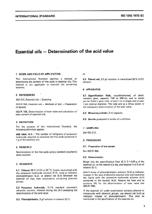 ISO 1242:1973 - Essential oils -- Determination of the acid value