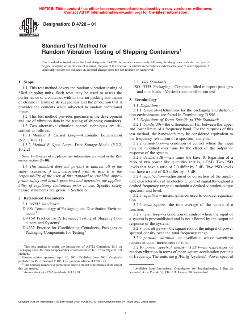 ASTM D4728-01 - Standard Test Method for Random Vibration Testing of Shipping Containers