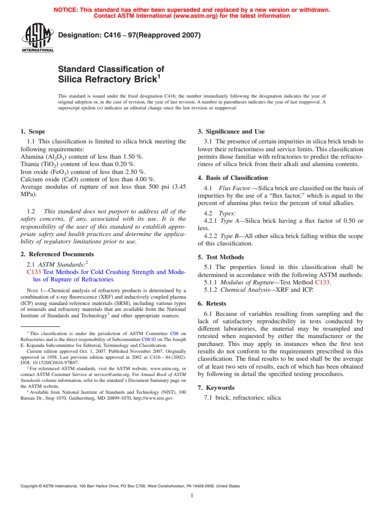 ASTM C416-97(2007) - Standard Classification of Silica Refractory Brick