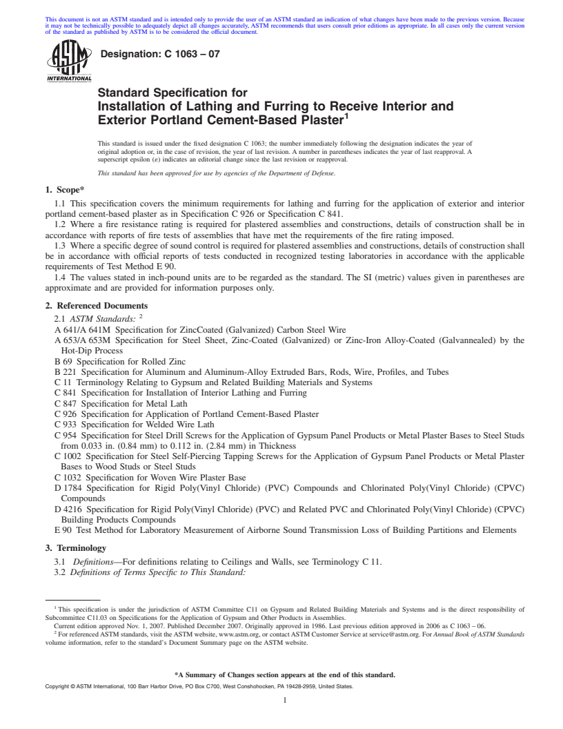 REDLINE ASTM C1063-07 - Standard Specification for Installation of Lathing and Furring to Receive Interior and Exterior Portland Cement-Based Plaster