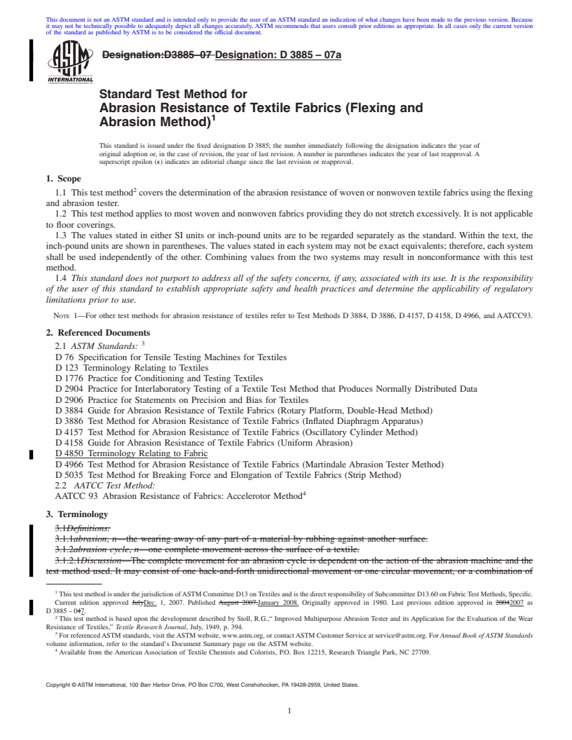 REDLINE ASTM D3885-07a - Standard Test Method for  Abrasion Resistance of Textile Fabrics (Flexing and Abrasion Method)