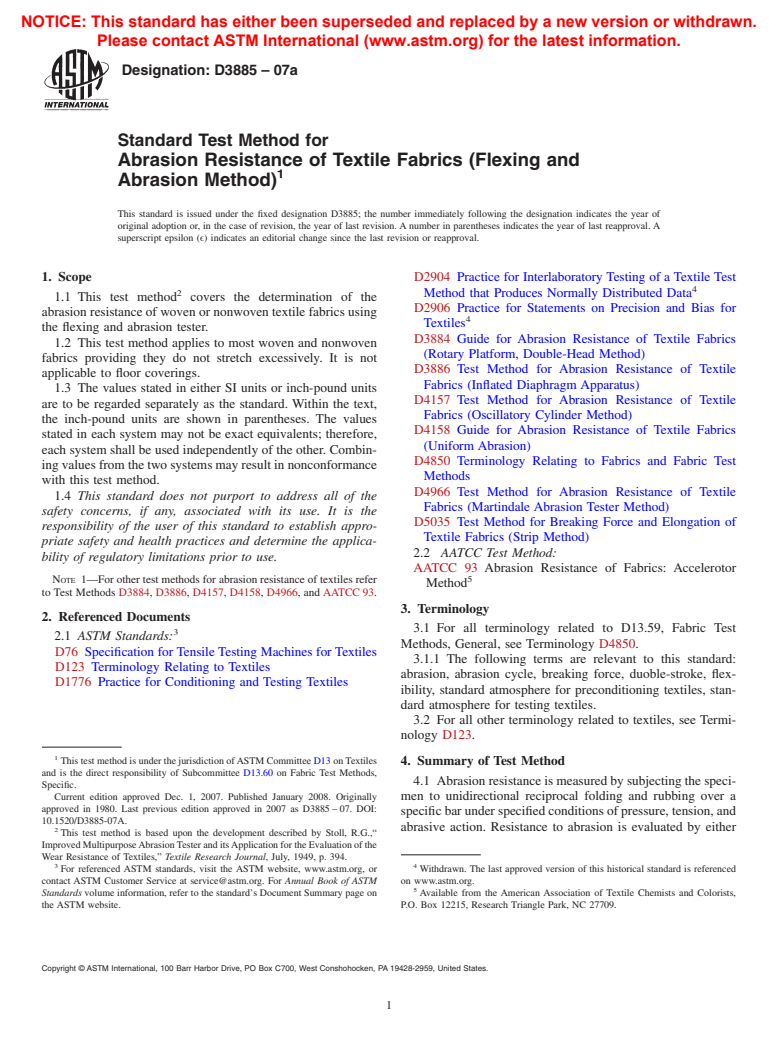 ASTM D3885-07a - Standard Test Method for  Abrasion Resistance of Textile Fabrics (Flexing and Abrasion Method)