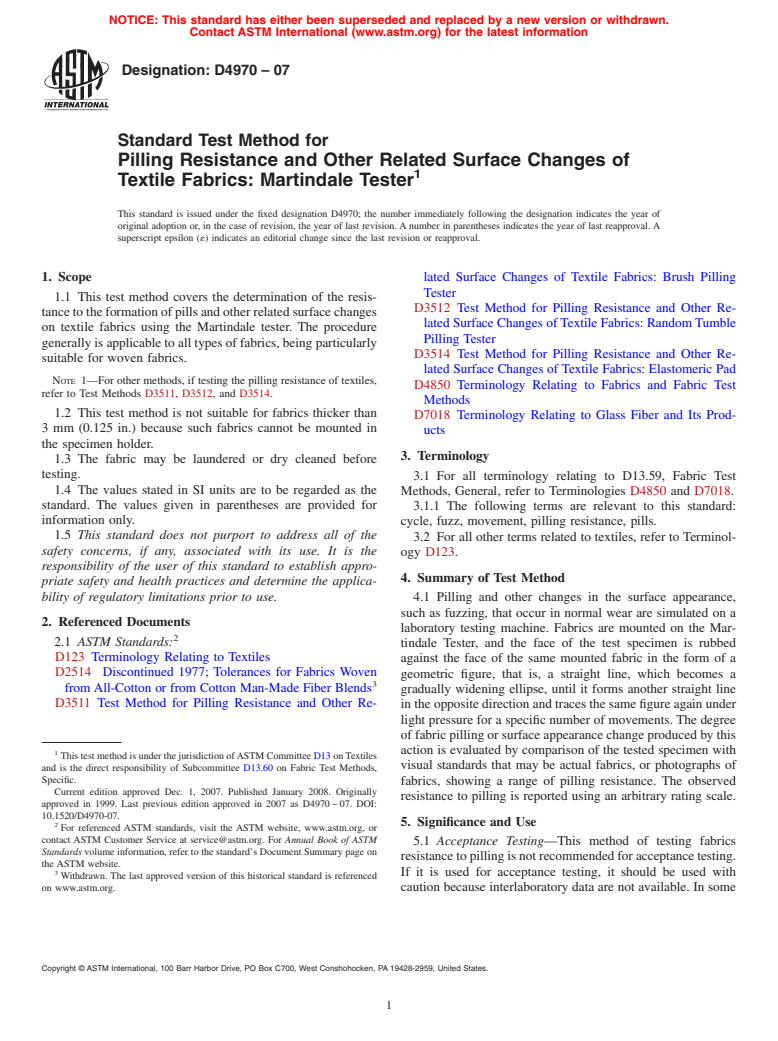 ASTM D4970-07 - Standard Test Method for  Pilling Resistance and Other Related Surface Changes of Textile Fabrics: Martindale Tester