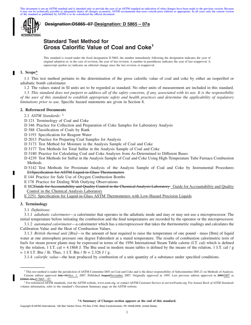 REDLINE ASTM D5865-07a - Standard Test Method for  Gross Calorific Value of Coal and Coke