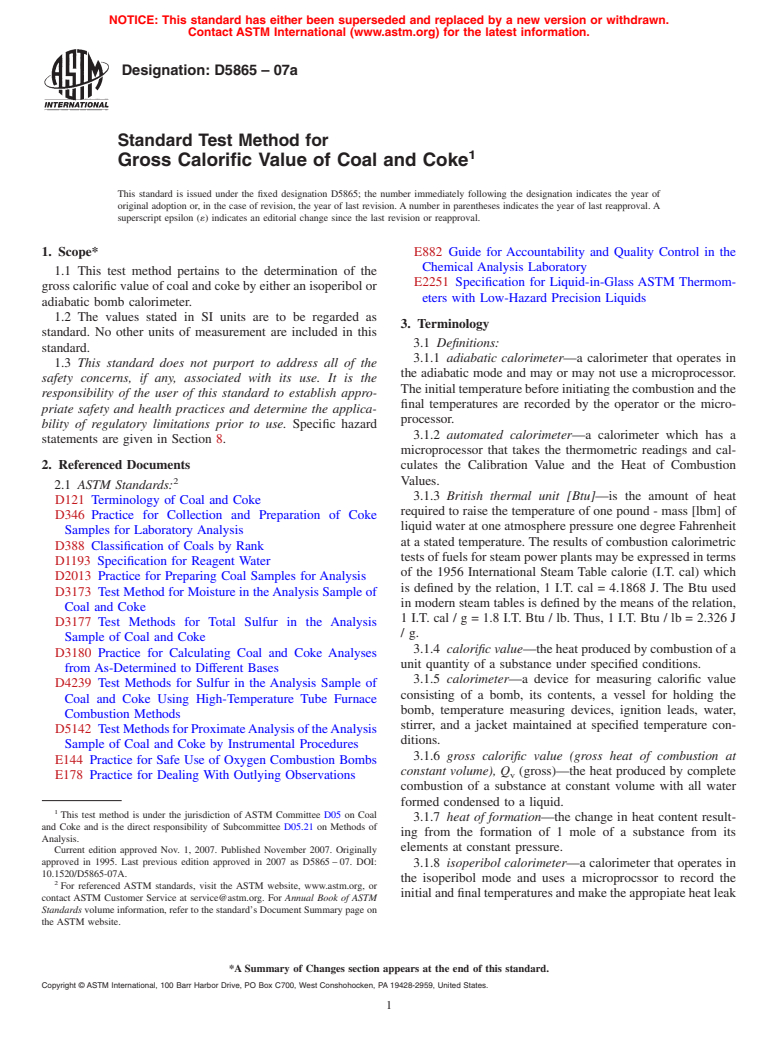 ASTM D5865-07a - Standard Test Method for  Gross Calorific Value of Coal and Coke