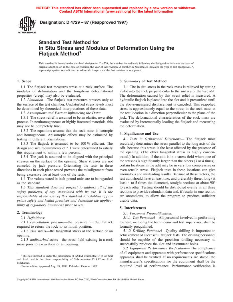 ASTM D4729-87(1997) - Standard Test Method for In Situ Stress and Modulus of Deformation Using the Flatjack Method