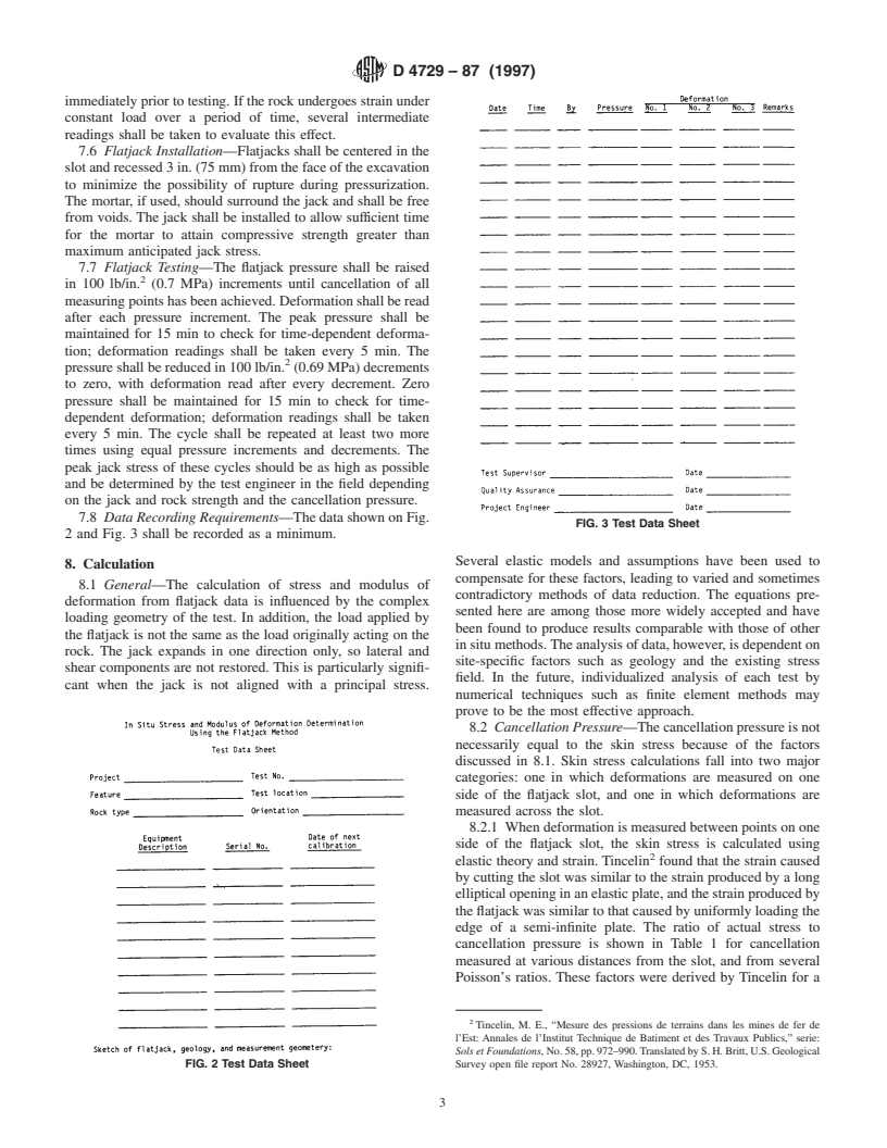 ASTM D4729-87(1997) - Standard Test Method for In Situ Stress and Modulus of Deformation Using the Flatjack Method