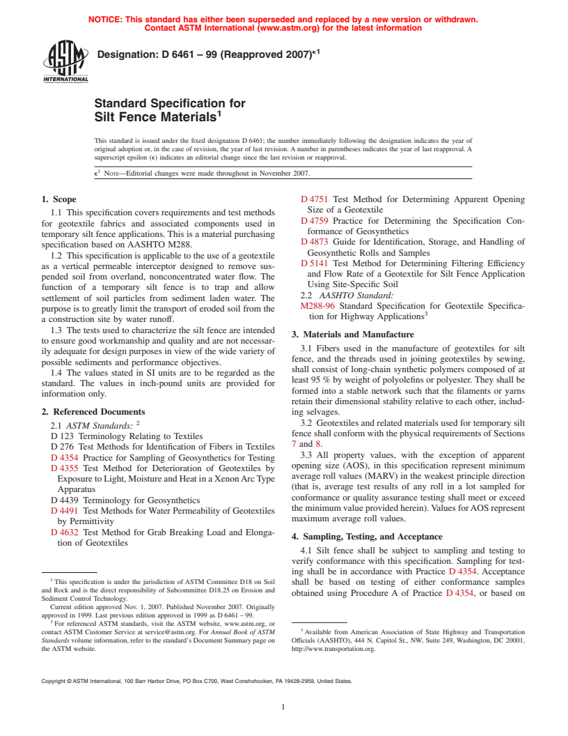 ASTM D6461-99(2007)e1 - Standard Specification for Silt Fence Materials