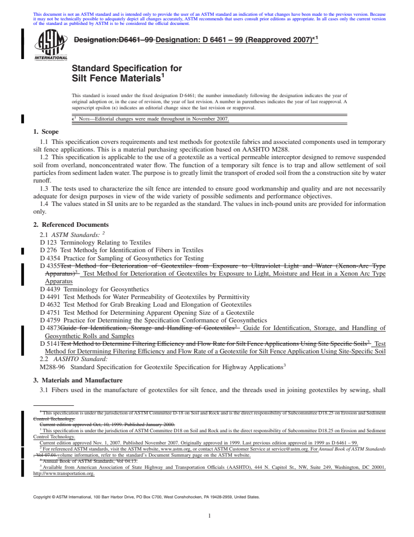 REDLINE ASTM D6461-99(2007)e1 - Standard Specification for Silt Fence Materials