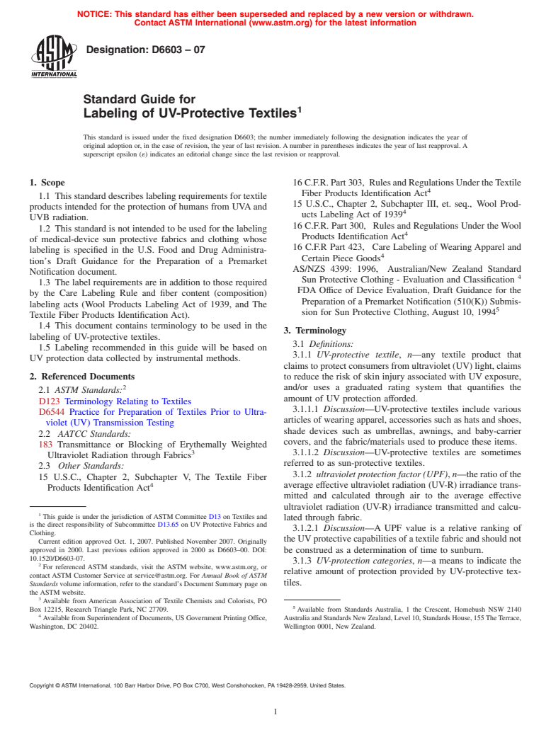 ASTM D6603-07 - Standard Guide for Labeling of UV-Protective Textiles