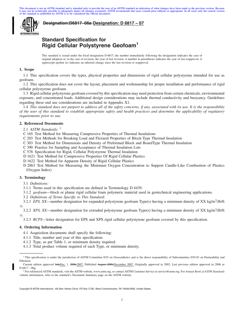 REDLINE ASTM D6817-07 - Standard Specification for Rigid Cellular Polystyrene Geofoam