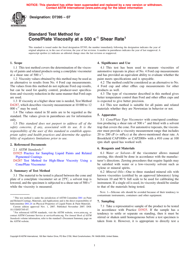 ASTM D7395-07 - Standard Test Method for Cone/Plate Viscosity at a 500 s<sup>-1</sup> Shear Rate