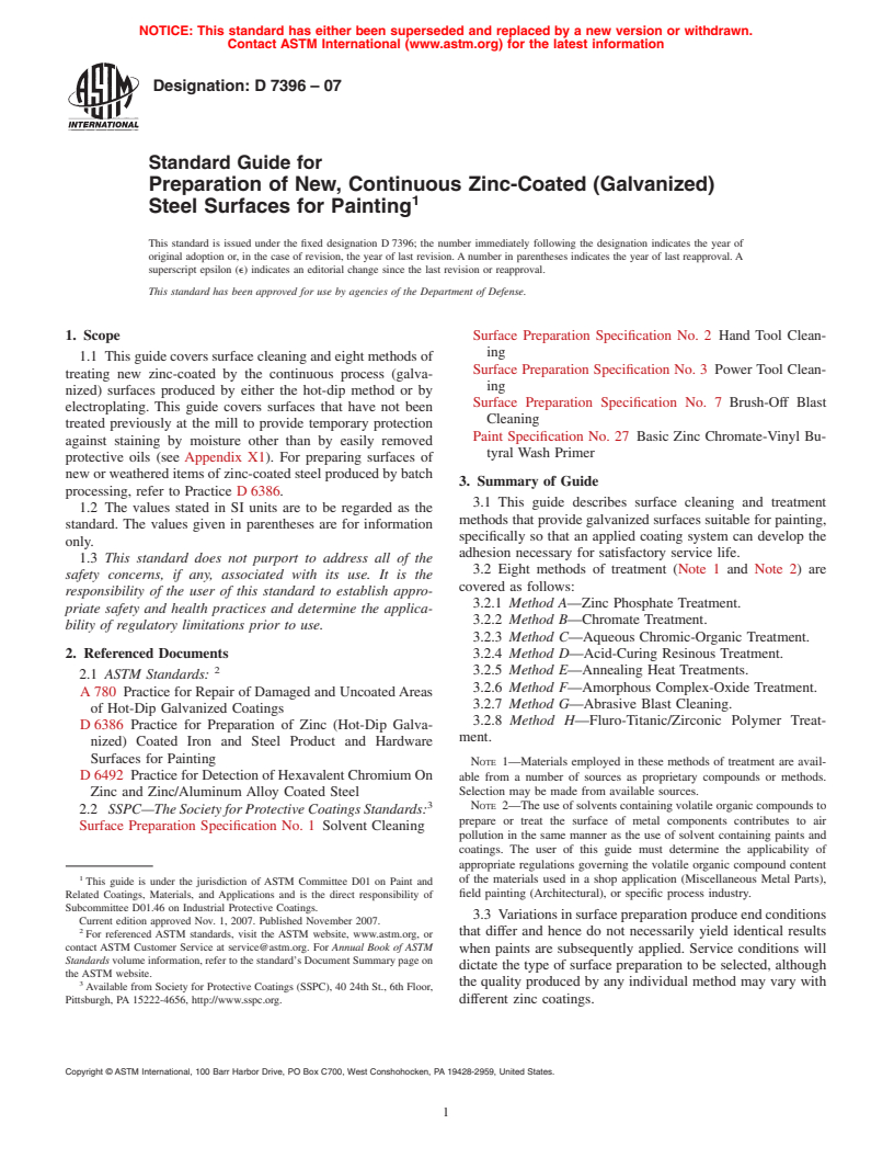 ASTM D7396-07 - Standard Guide for  Preparation of New, Continuous Zinc-Coated (Galvanized) Steel Surfaces for Painting