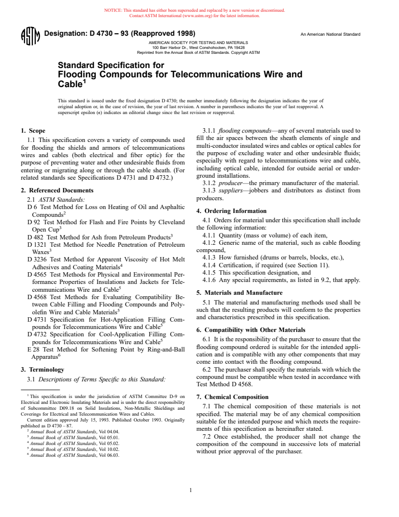 ASTM D4730-93(1998) - Standard Specification for Flooding Compounds for Telecommunications Wire and Cable