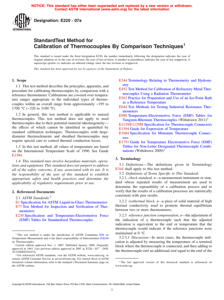 ASTM E220-07a - Standard Test Method for Calibration of Thermocouples By Comparison Techniques