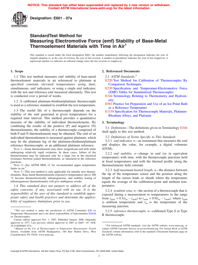 ASTM E601-07a - Standard Test Method for  Measuring Electromotive Force (emf) Stability of Base-Metal Thermoelement    Materials with Time in Air