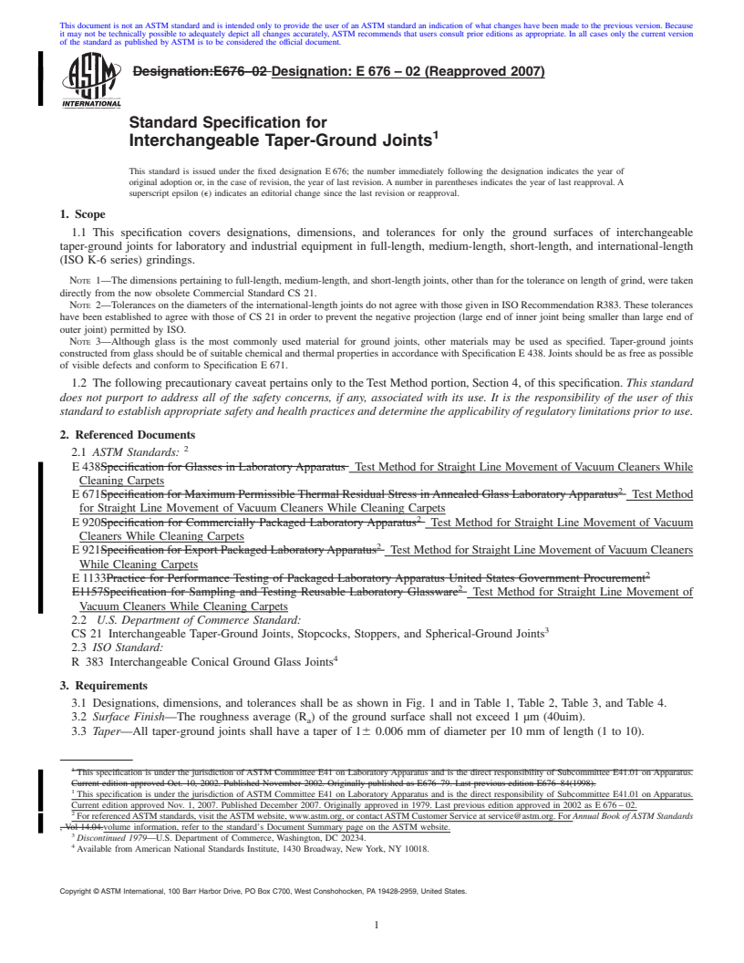 REDLINE ASTM E676-02(2007) - Standard Specification for  Interchangeable Taper-Ground Joints